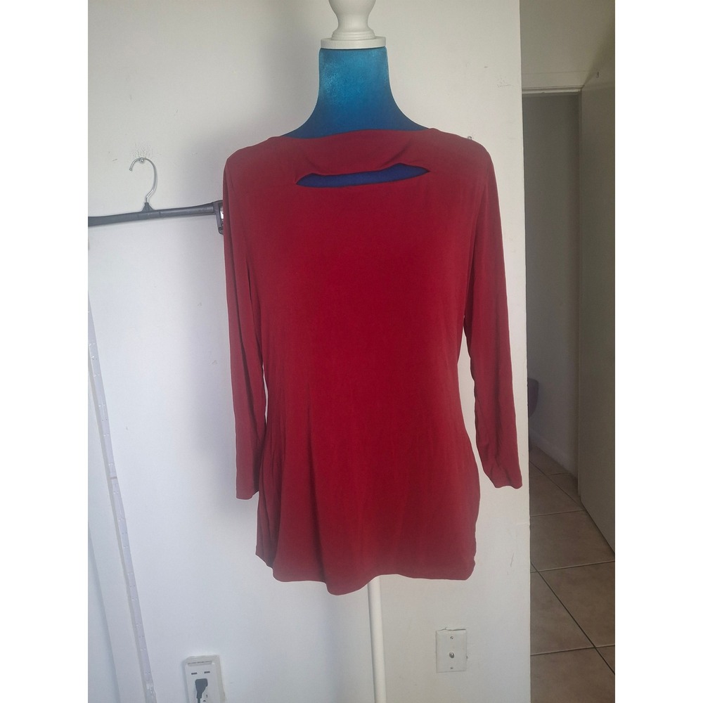 Premise Womens Red Keyhole Cutout Long Sleeve Top Blouse Large